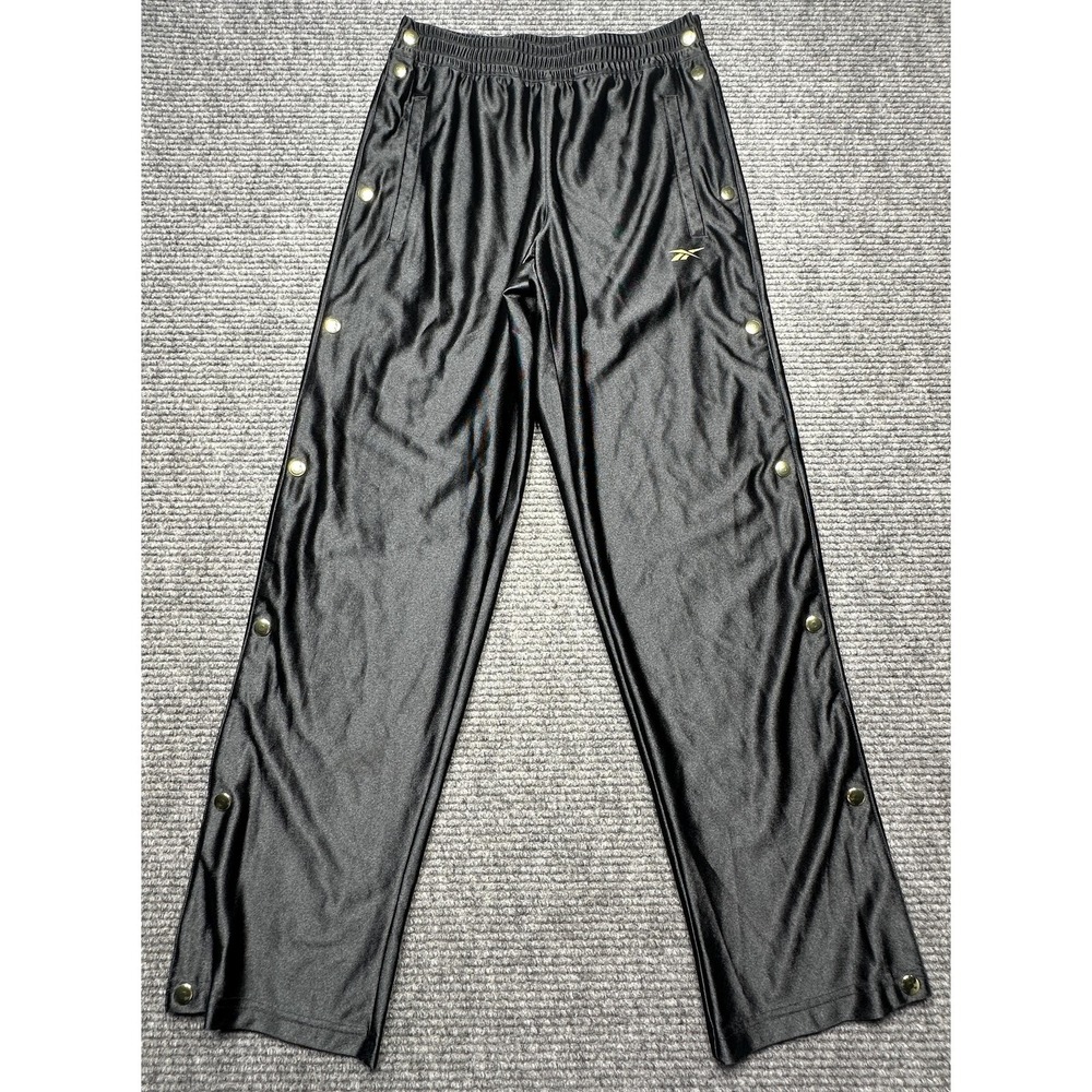 Reebok Track‎ Pants Mens Small Black Snap Button Tearaway Sides Athletic Warm Up